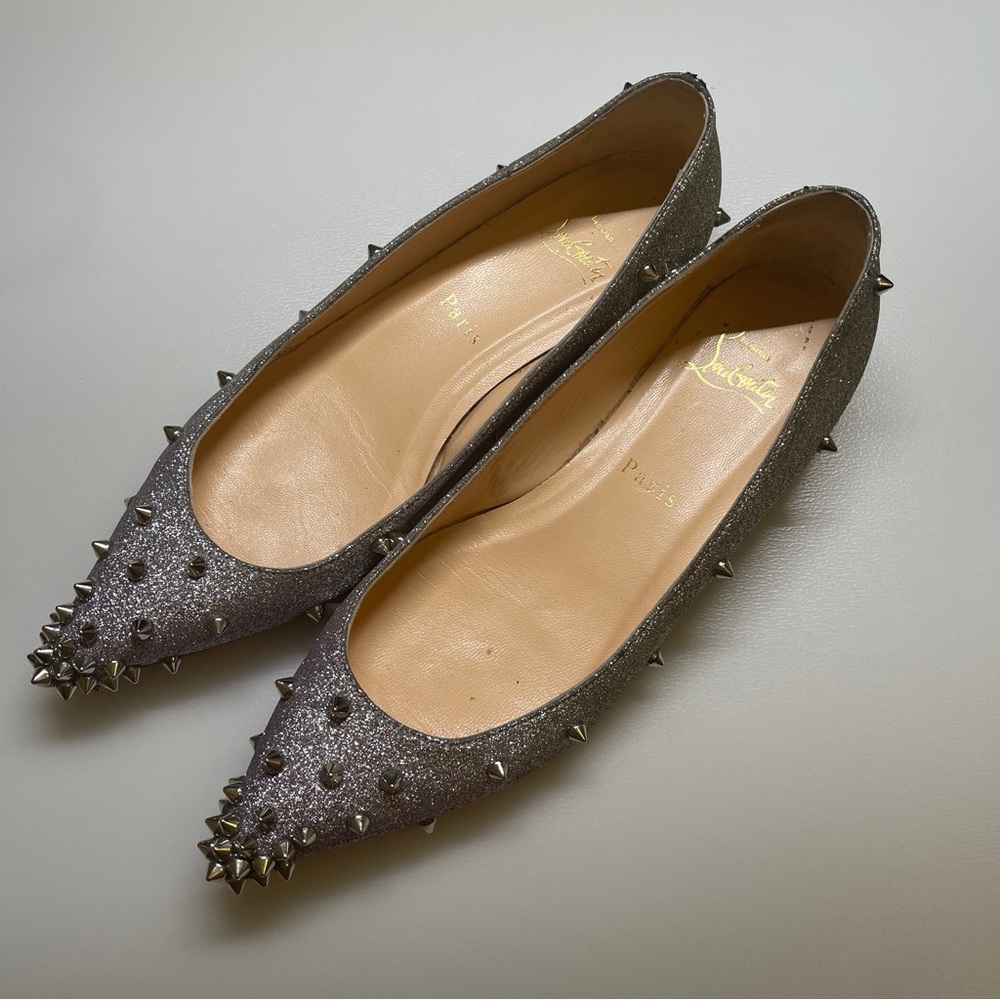 Christian Louboutin Metallic Silver Glitter Pointed Ballet Flats Size 36.5
